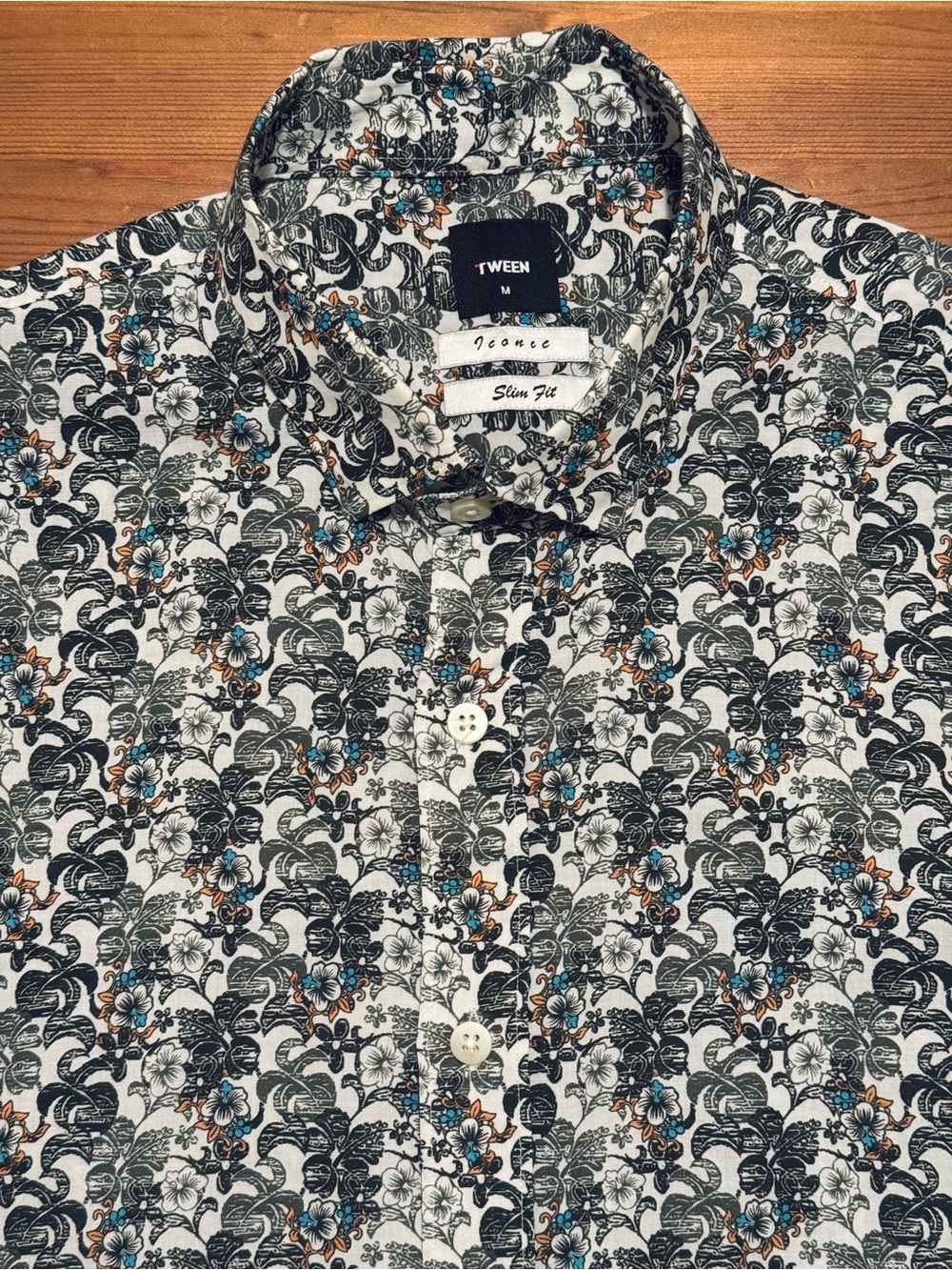 Tween Slim Fit Floral Print Shirt - White with Blue & Brown Accents